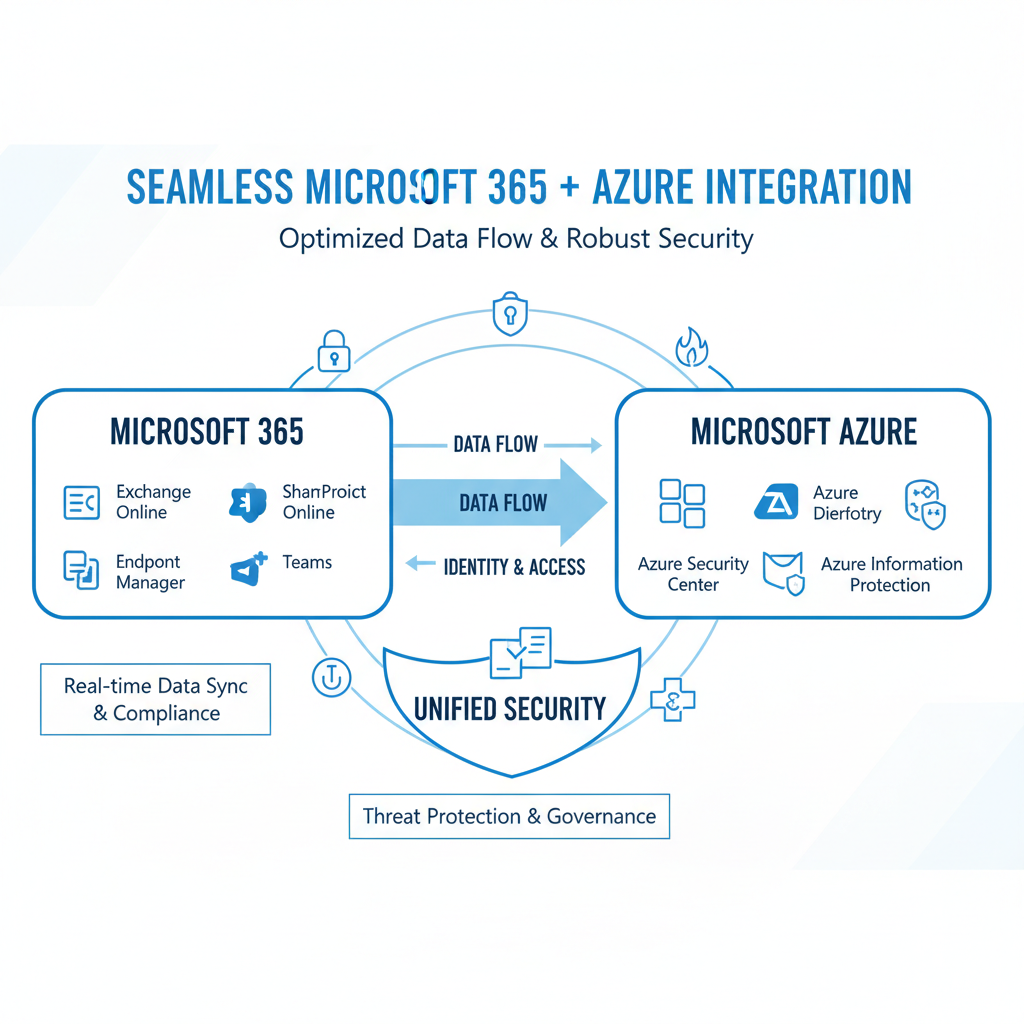 A diagram showing the seamless integration of Microsoft 365 and Azure services, highlighting data flow and security features.