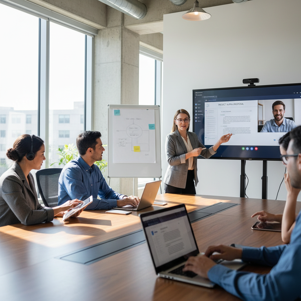 Team members collaborating on a Microsoft Teams call, sharing documents and ideas. The scene is set in a modern office environment with natural light.