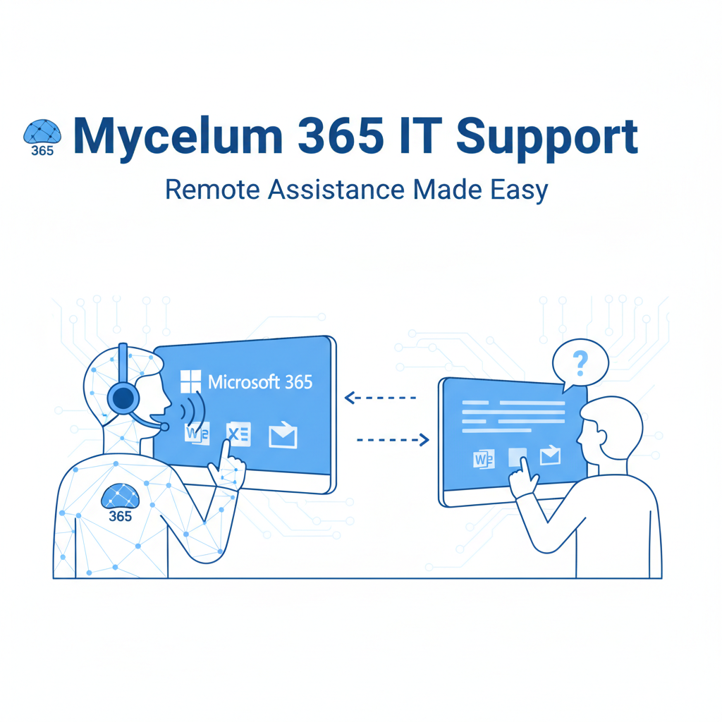 A Mycelium 365 IT support technician assisting a client remotely. The technician is using a headset and looking at a computer screen with a Microsoft 365 application open.