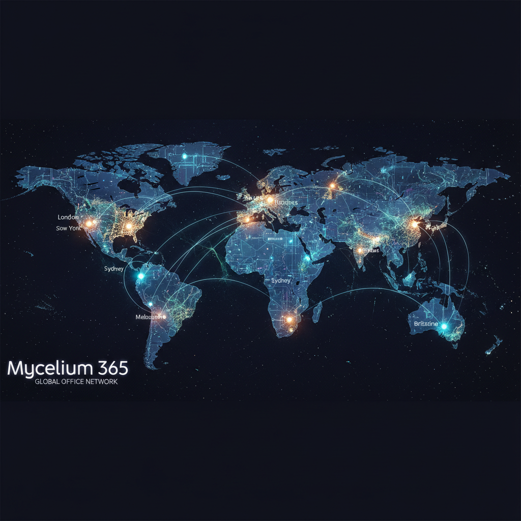 A world map highlighting Mycelium 365's office locations in Melbourne, Sydney, Perth, Brisbane, and international cities.