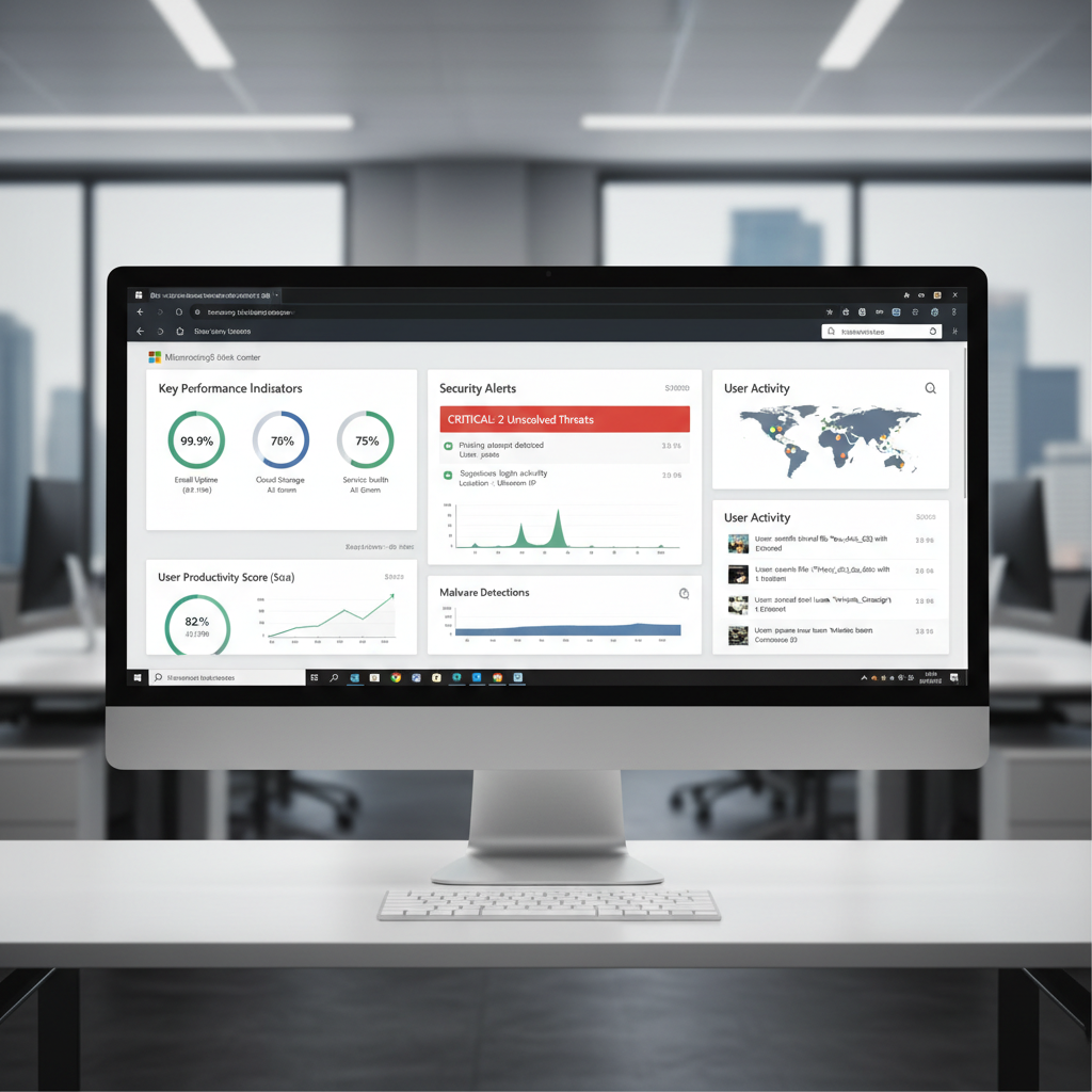 A dashboard view of Microsoft 365 admin center showcasing key performance indicators, security alerts, and user activity.