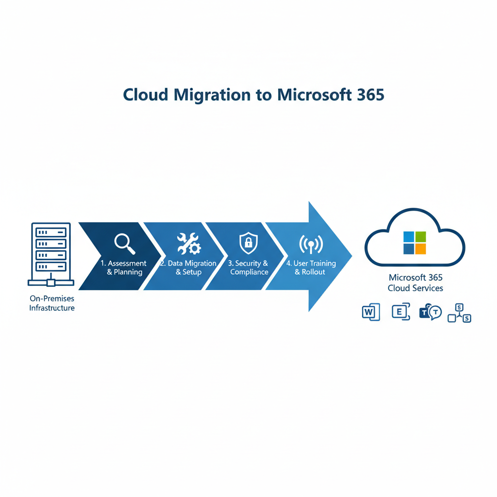 A diagram illustrating the cloud migration process from on-premises servers to Microsoft 365 cloud services.