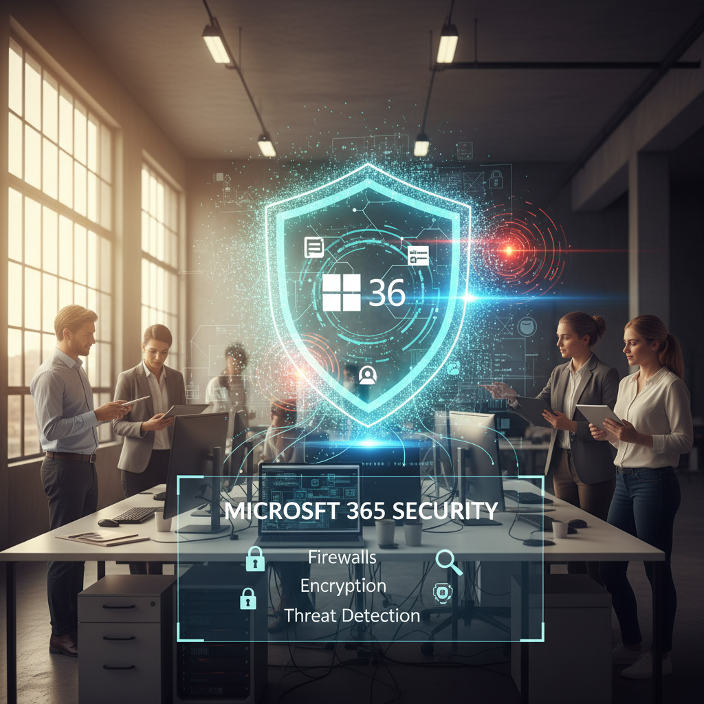 A graphic representation of cybersecurity measures protecting data within a Microsoft 365 environment, including firewalls, encryption, and threat detection.