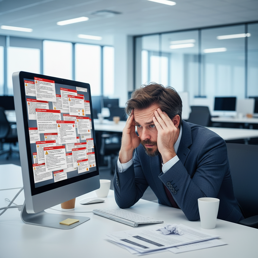Office worker looking stressed at a computer screen surrounded by migration error messages. The background is a blurred office environment.