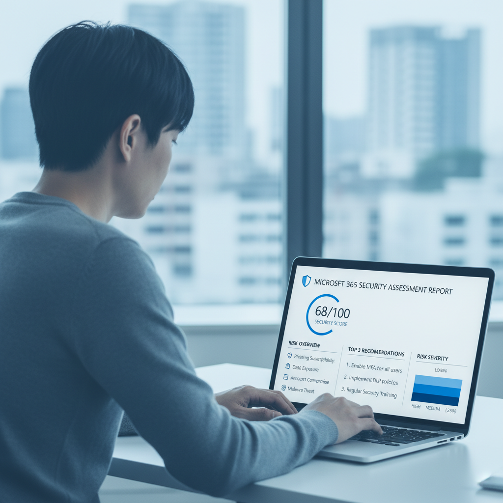 A detailed report from a Microsoft 365 security assessment tool, showing various security risks and recommendations. The report is displayed on a laptop screen, with a person reviewing it in the background.