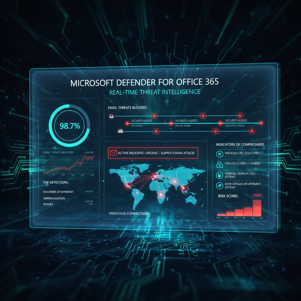 A dashboard displaying real-time threat detections and security alerts in Microsoft Defender for Office 365. The dashboard shows various security metrics and indicators of compromise.