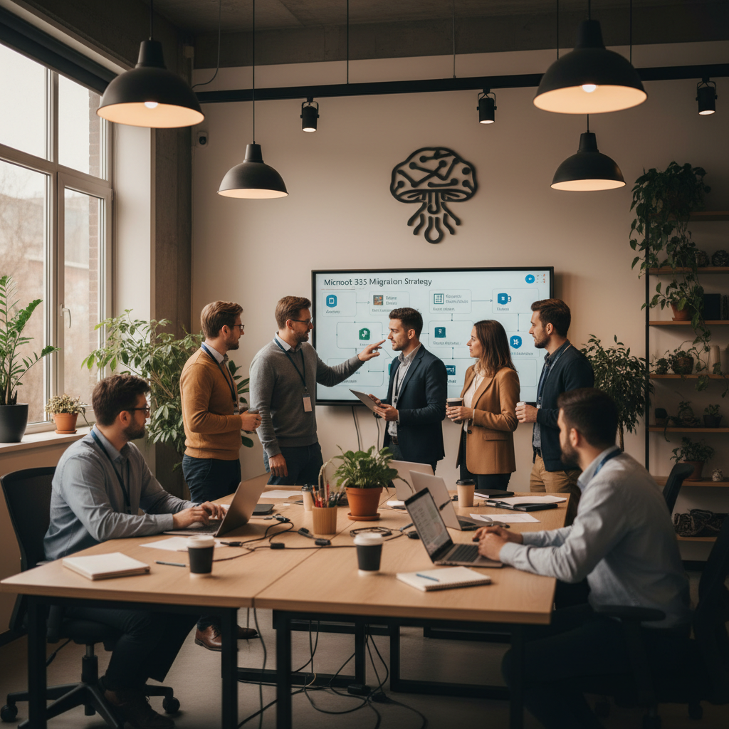 A team of Mycelium 365 IT specialists working collaboratively in a modern office environment, discussing a Microsoft 365 migration strategy.