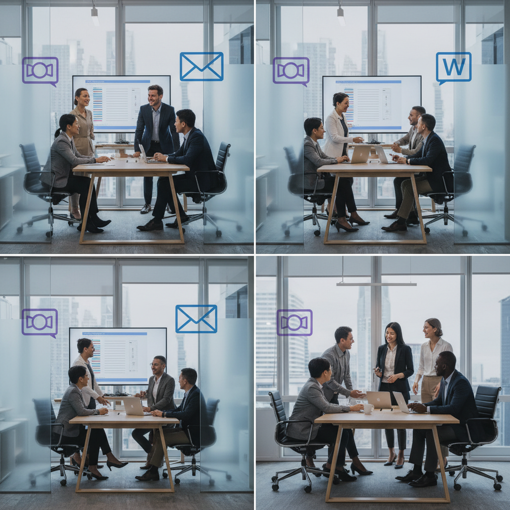 A diverse team of professionals collaborating seamlessly in a modern office environment, with various Microsoft 365 application icons (Teams, Outlook, Word) subtly integrated into the background, signifying enhanced productivity and connectivity.
