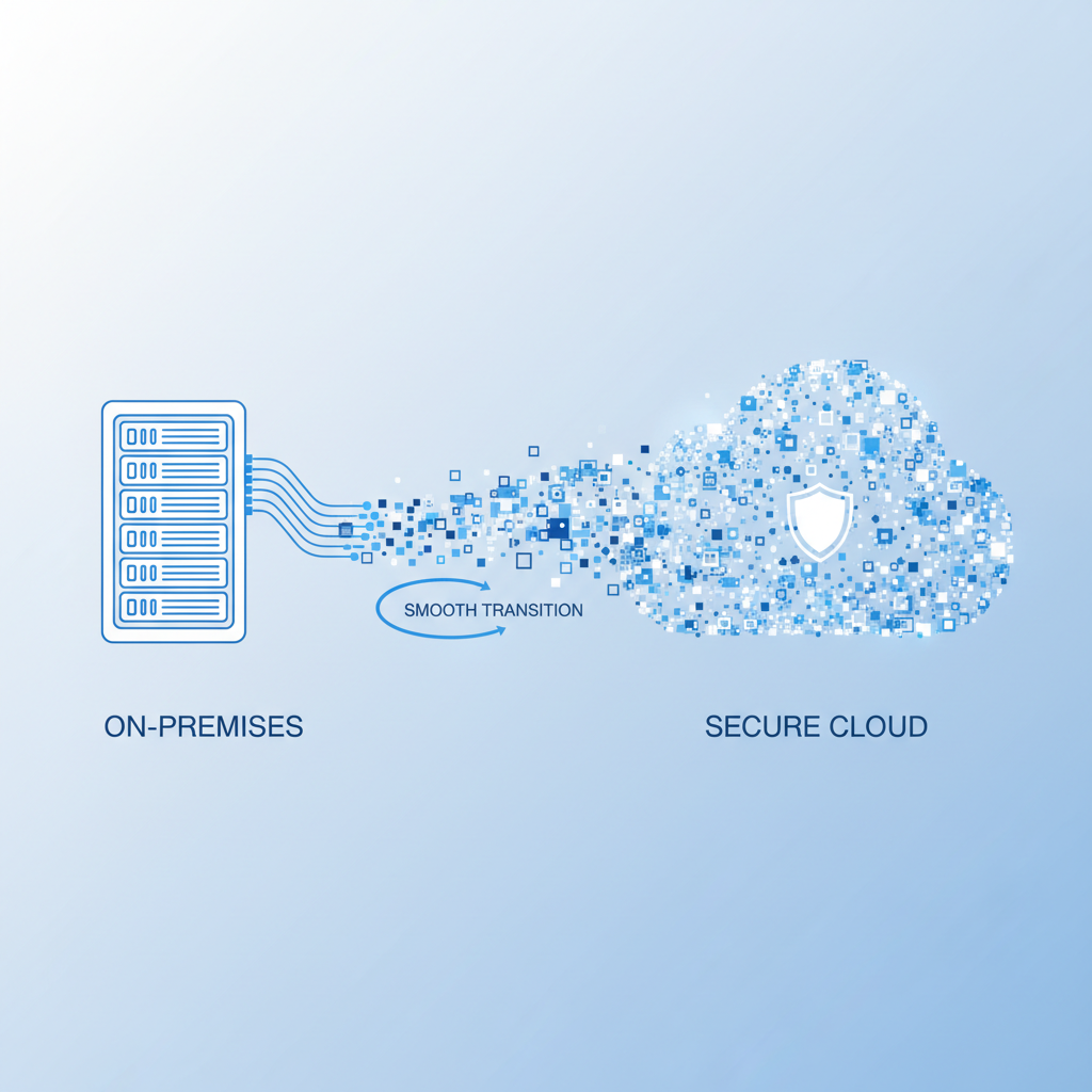 A conceptual image depicting data flowing from a traditional on-premises server rack on one side to a dynamic, secure cloud infrastructure represented by glowing abstract data points on the other, illustrating a smooth transition.
