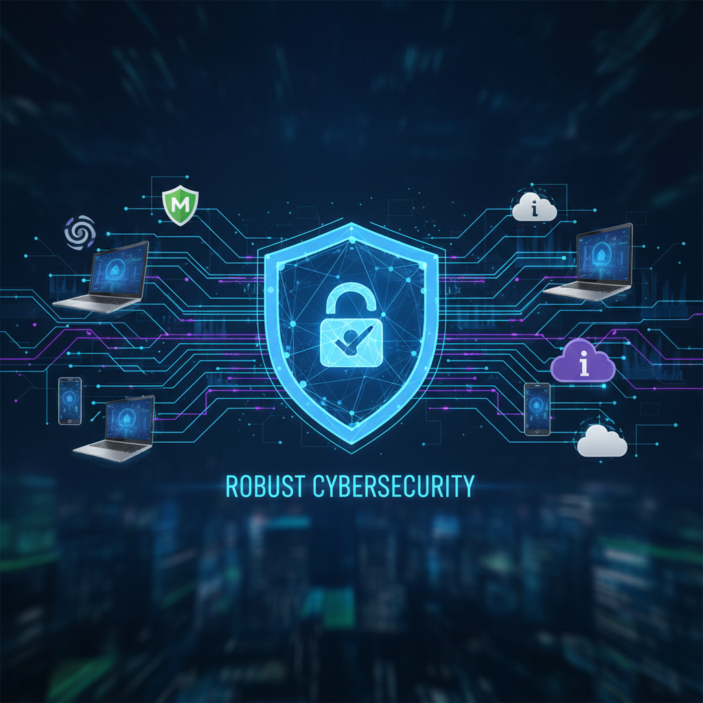 A cybersecurity shield icon overlaid on a network diagram, with smaller icons representing Microsoft Defender and Intune, protecting various devices (laptops, mobiles) and cloud services, emphasising robust security.