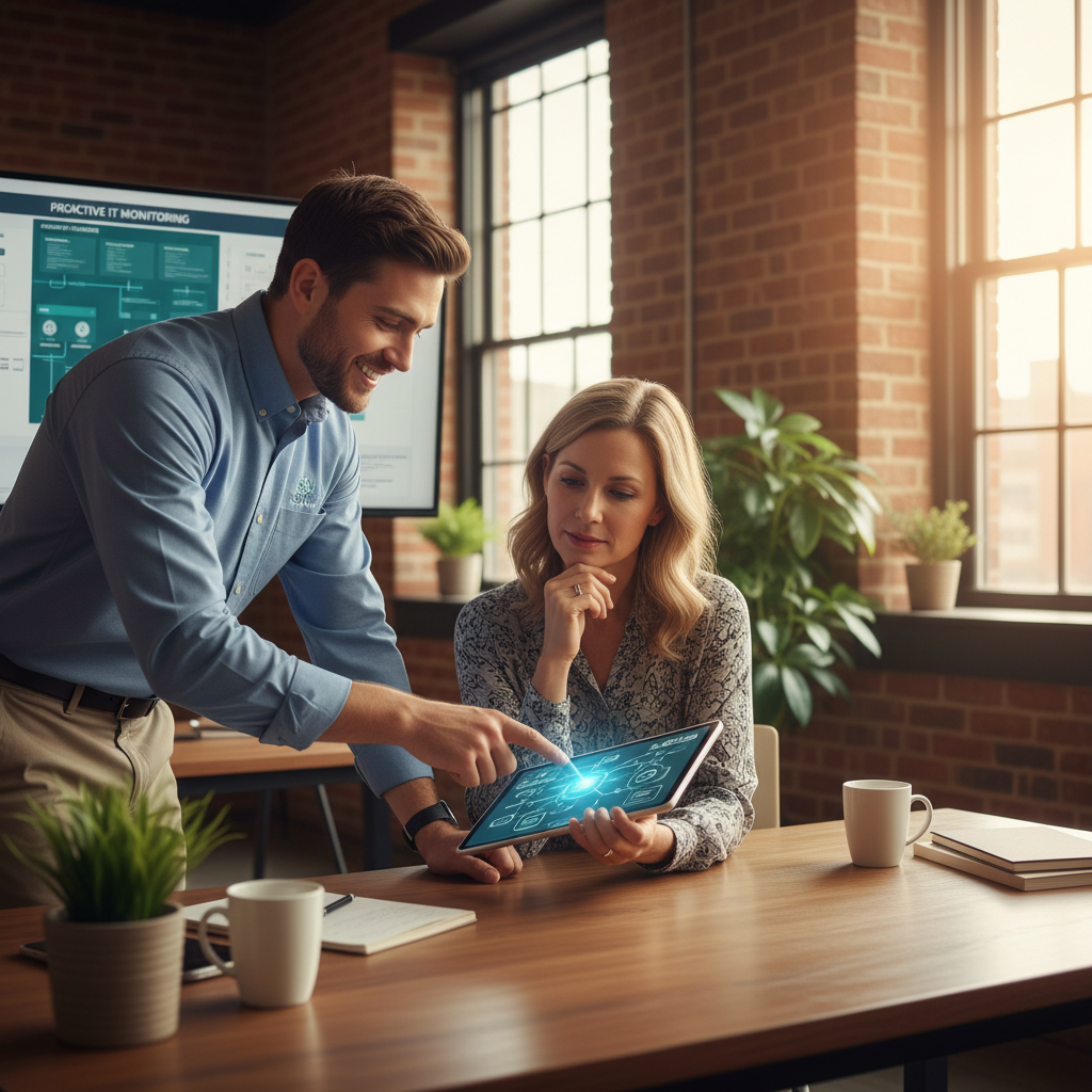 A Mycelium 365 IT expert (professional, friendly appearance) assisting a small business owner with a tablet, demonstrating proactive managed IT support and strategic guidance in a modern office setting.