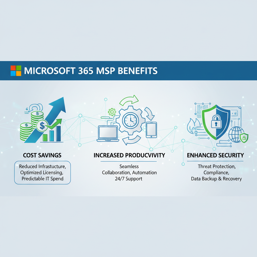 A graphic illustrating the benefits of using a Microsoft 365 MSP, including cost savings, increased productivity, and enhanced security.