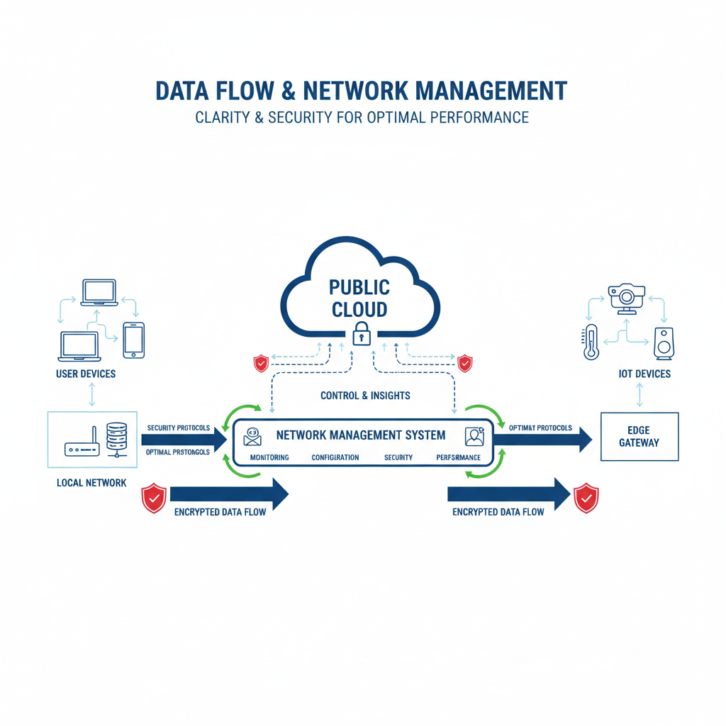 A network diagram illustrating the flow of data between different devices and the cloud, highlighting the role of network management in ensuring optimal performance.