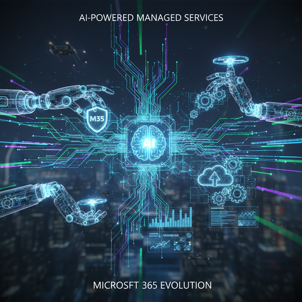 A futuristic image depicting the evolving landscape of Microsoft 365, highlighting the role of AI and automation in managed services.