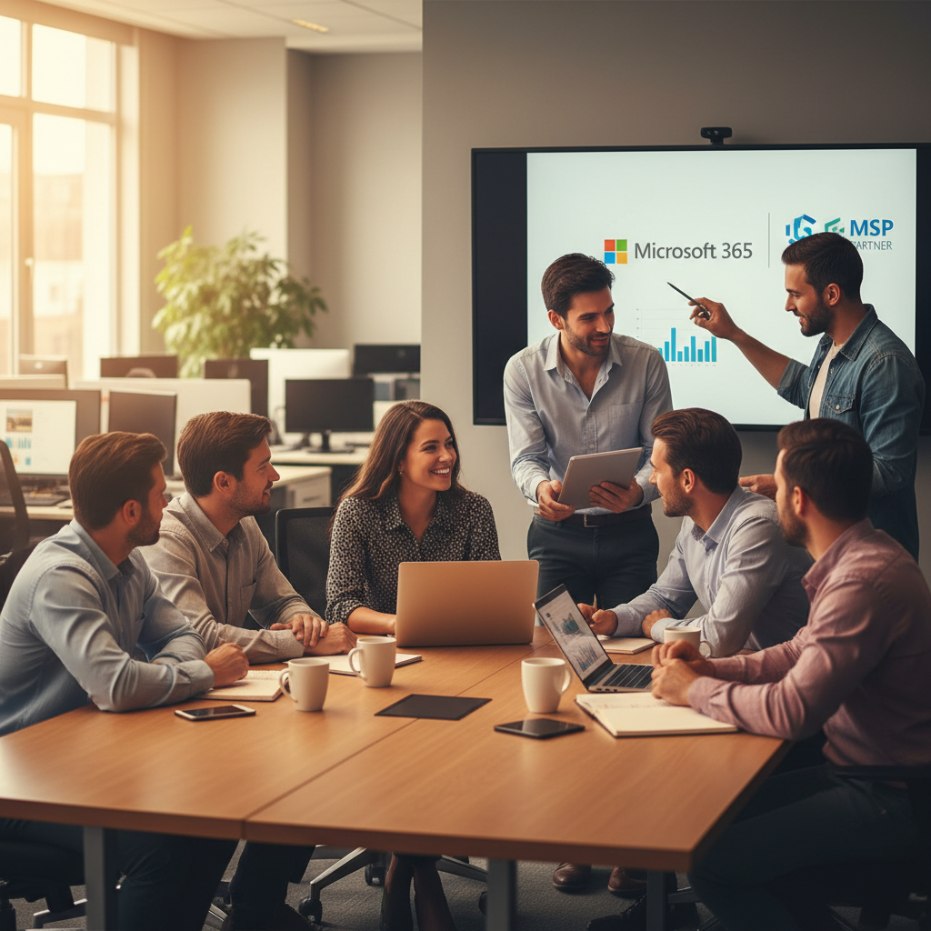 A professional team working collaboratively in an office environment, representing the partnership between a business and their Microsoft 365 MSP.