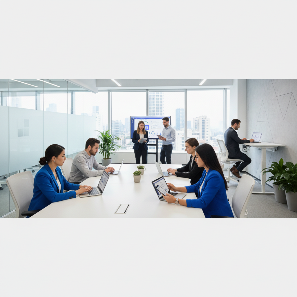 A business team collaborating on a project using Microsoft Teams on various devices, including laptops, tablets, and smartphones. The background shows a modern office environment.