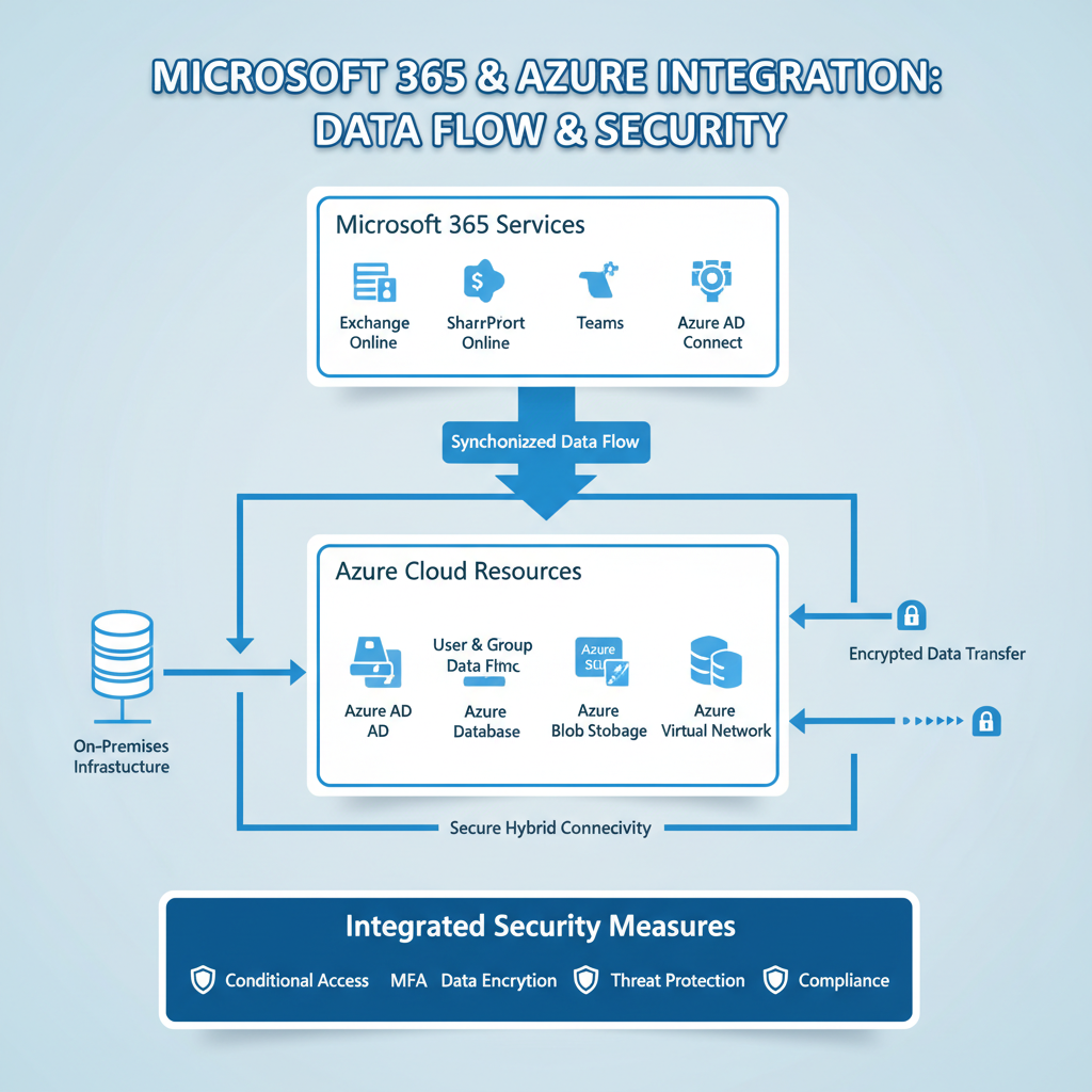 A network diagram illustrating the integration of Microsoft 365 services with Azure cloud resources, highlighting data flow and security measures.