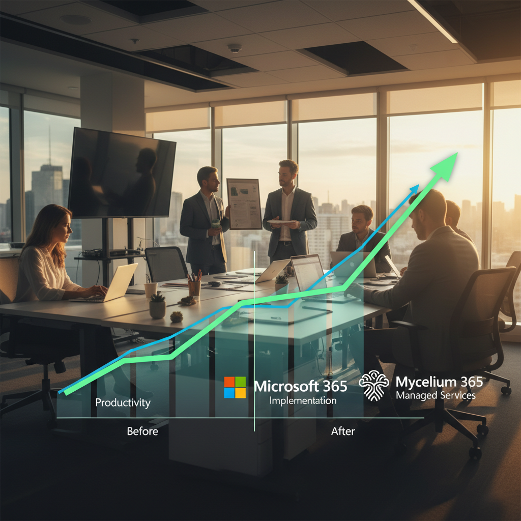 A graph showing increased productivity and efficiency after implementing Microsoft 365 with the help of Mycelium 365, visually representing the benefits of managed services.
