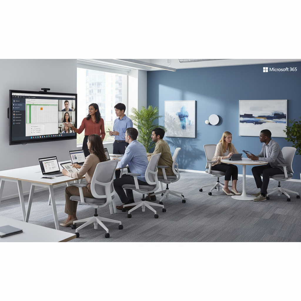 A diverse team collaborating seamlessly in a modern office environment, using Microsoft 365 applications on various devices.
