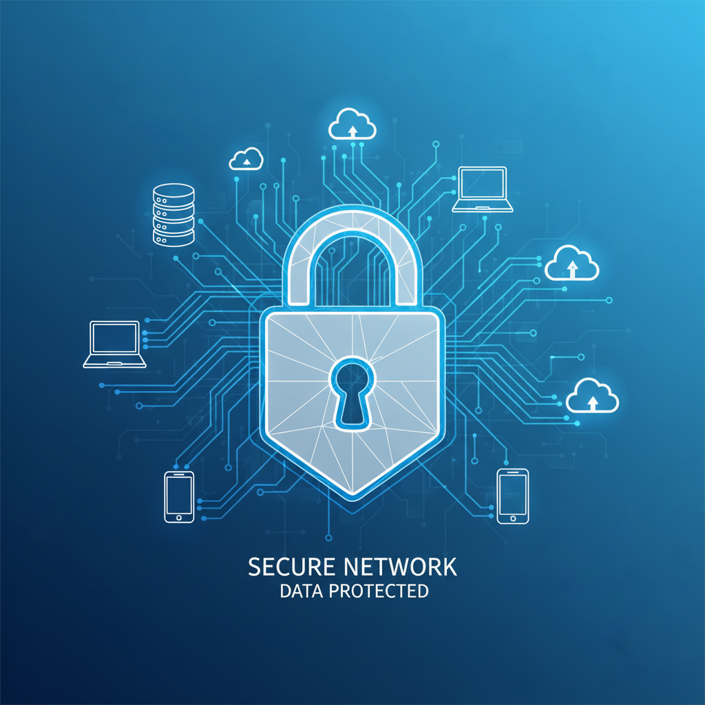 A digital padlock icon overlaid on a network of interconnected devices and data streams, symbolising robust cybersecurity.