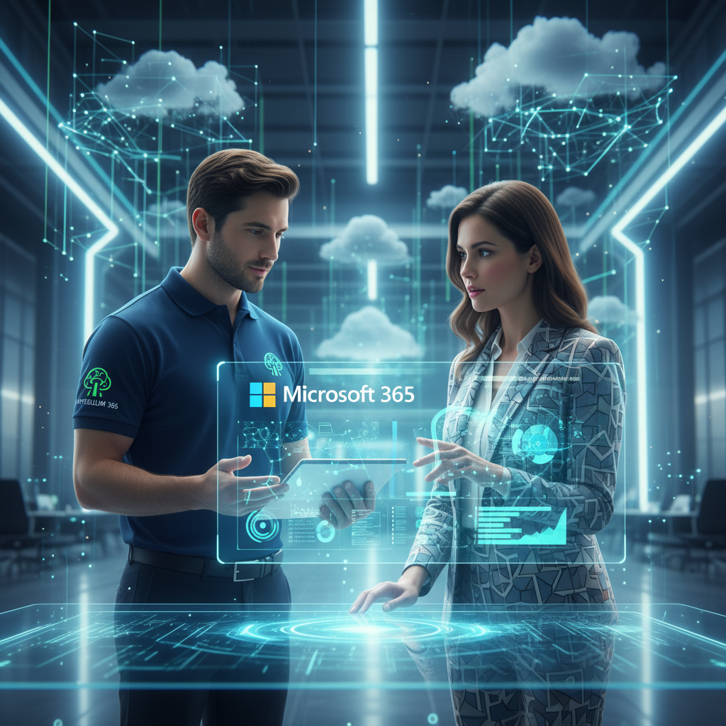 An IT expert from Mycelium 365 discussing Microsoft 365 solutions with a business owner in a modern office, pointing to a tablet showing data analytics.