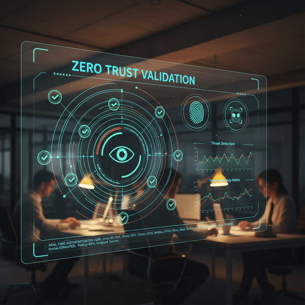A futuristic digital interface displaying a network security dashboard with green checkmarks and biometric scanning icons, representing Zero Trust validation.