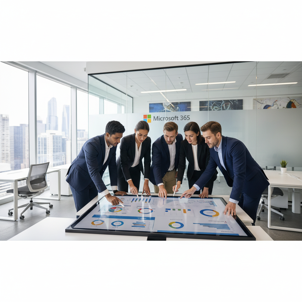 Office workers collaborating around a large touch screen display, reviewing data and discussing strategy. The scene is bright and modern, symbolizing productivity and teamwork, with the Microsoft 365 logo subtly displayed in the background.