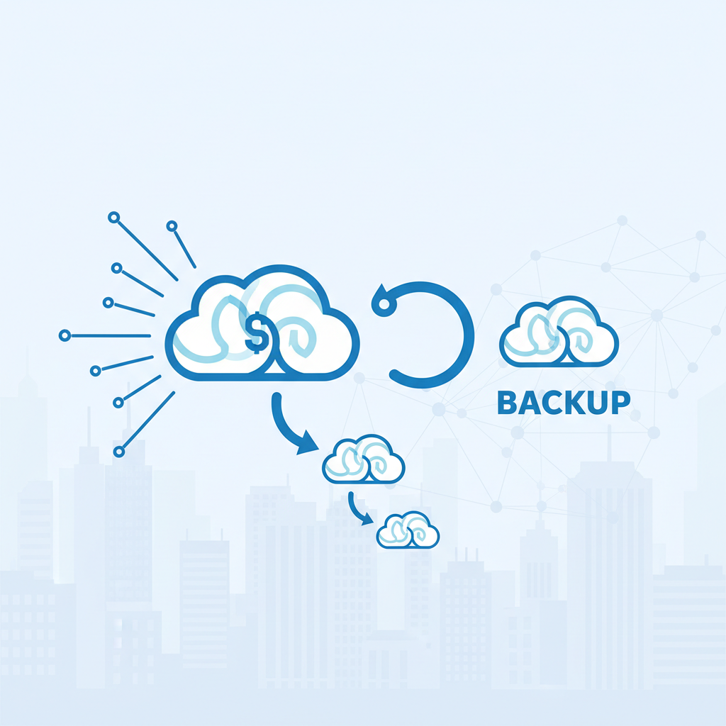 A stylised depiction of data flowing into a cloud storage symbol, with a backup arrow indicating data replication. The background shows a cityscape with subtle indications of network connectivity.