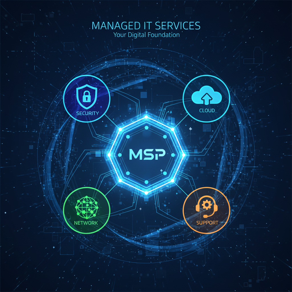 A graphic representing managed IT services, showing various icons for security, cloud, network, and support, all connected to a central hub representing the managed service provider.
