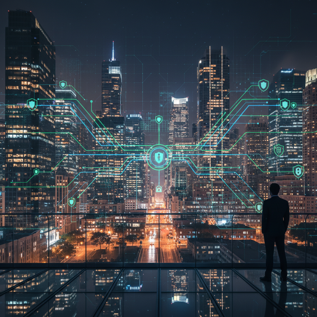 A cityscape at night with glowing network connections overlaid on the buildings, symbolizing a secure and interconnected digital infrastructure.
