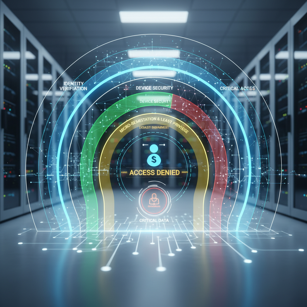 Illustration of Zero Trust security principles with multiple layers of verification and access control.