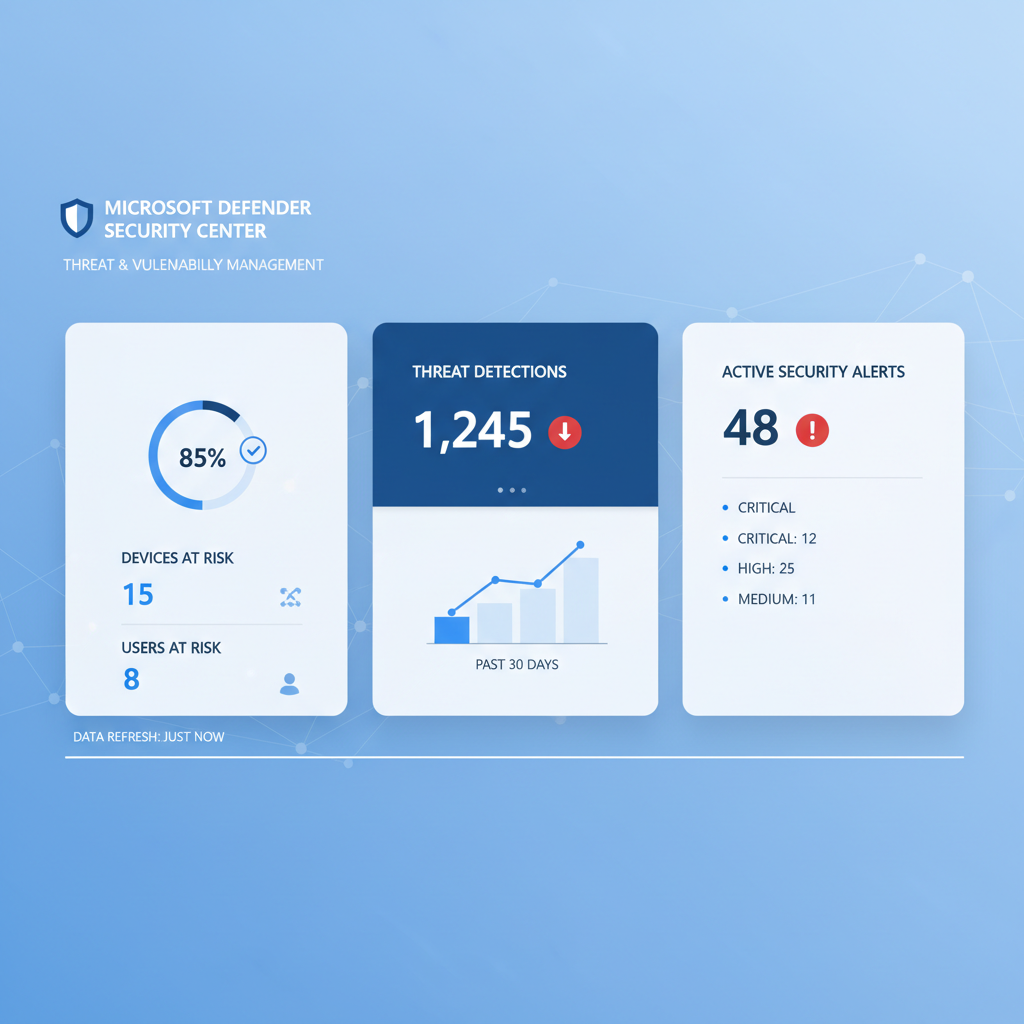 Screenshot of the Microsoft Defender dashboard showing threat detections and security alerts.