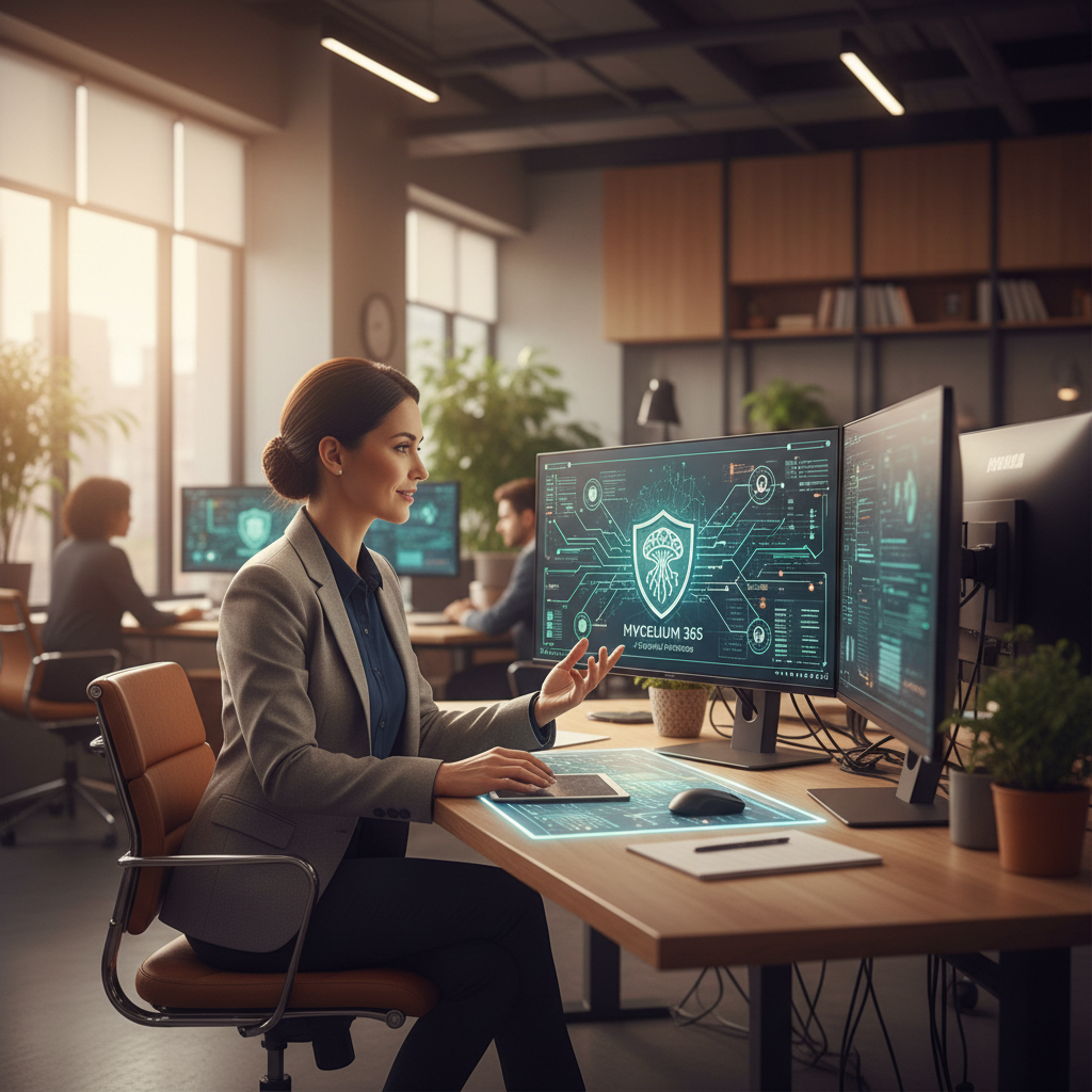 Professional photo of a Mycelium 365 cybersecurity expert analysing a security dashboard, conveying trust and expertise.