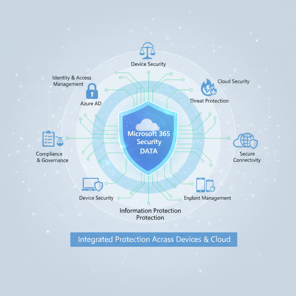 Illustration showing a layered security approach with different Microsoft 365 security features protecting data across devices and networks.