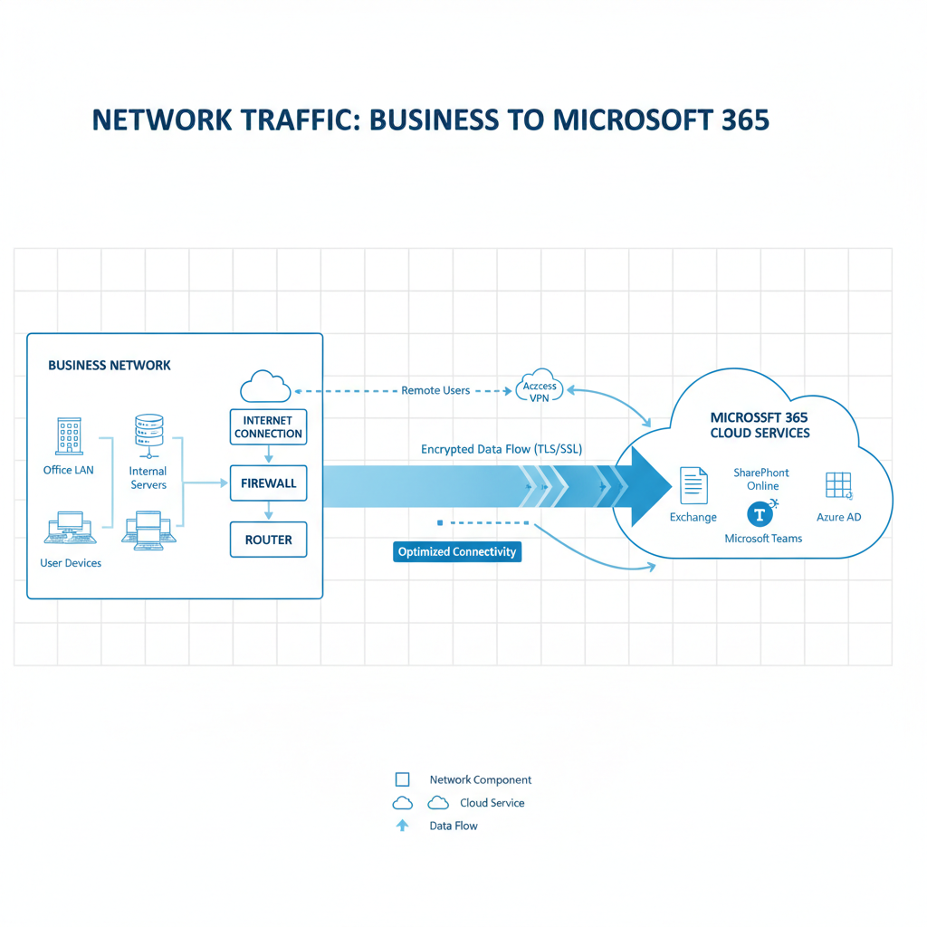 Diagram illustrating network traffic flow between a business network and Microsoft 365 cloud services, highlighting key network components like firewalls, routers, and internet connections.