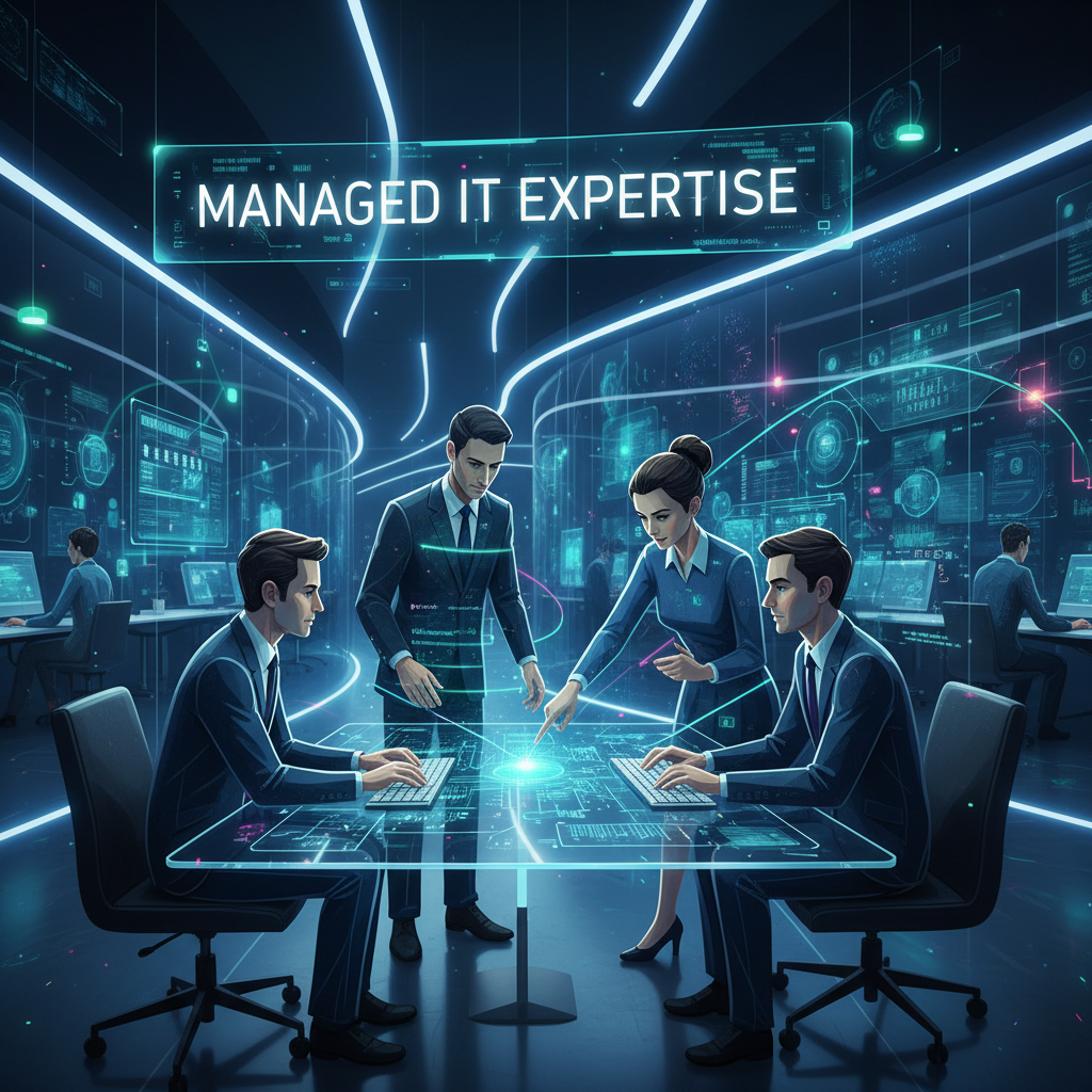 A team of IT professionals collaborating in a modern office environment, showcasing the expertise and support provided by a Managed IT Provider.