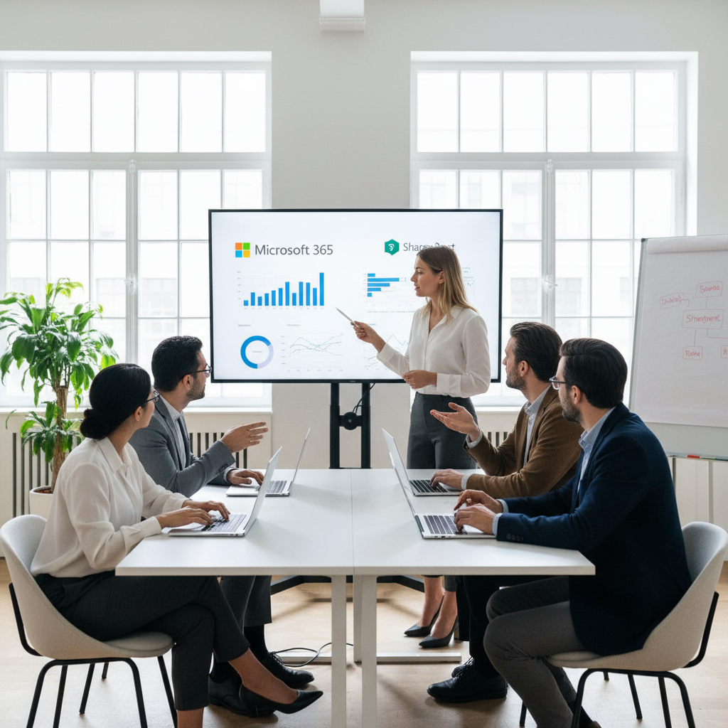 A business team collaborating on laptops in a modern, brightly lit office. One person is presenting data on a screen, while others are actively engaged in discussion. The scene highlights collaboration and productivity in a Microsoft 365 environment.