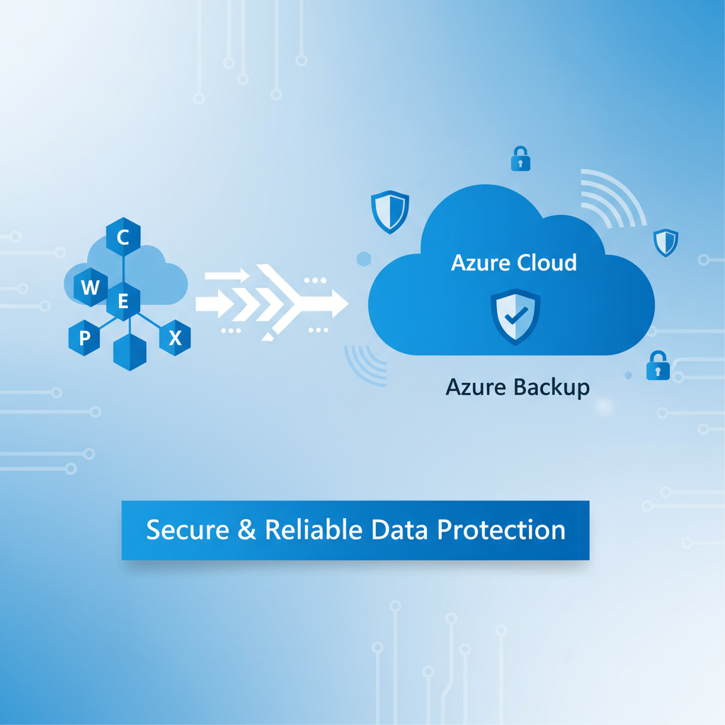 An illustration showing data flowing from a Microsoft 365 environment into the Azure cloud for backup and storage, emphasizing the security and reliability of Azure Backup.
