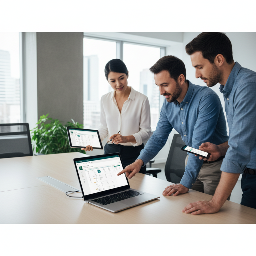Office workers collaborating seamlessly on a project using SharePoint on their laptops, tablets, and phones. The background shows a clean and modern office environment.
