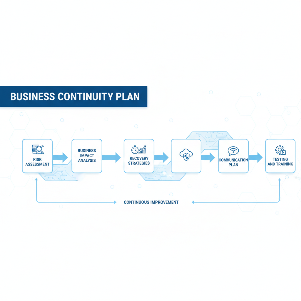 A flowchart illustrating the steps involved in creating a business continuity plan: Risk Assessment, Business Impact Analysis, Recovery Strategies, Communication Plan, Testing and Training.