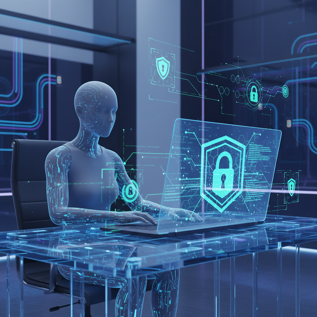 A person working on a laptop with a lock icon superimposed on the screen, representing cybersecurity. The background is a modern office environment.