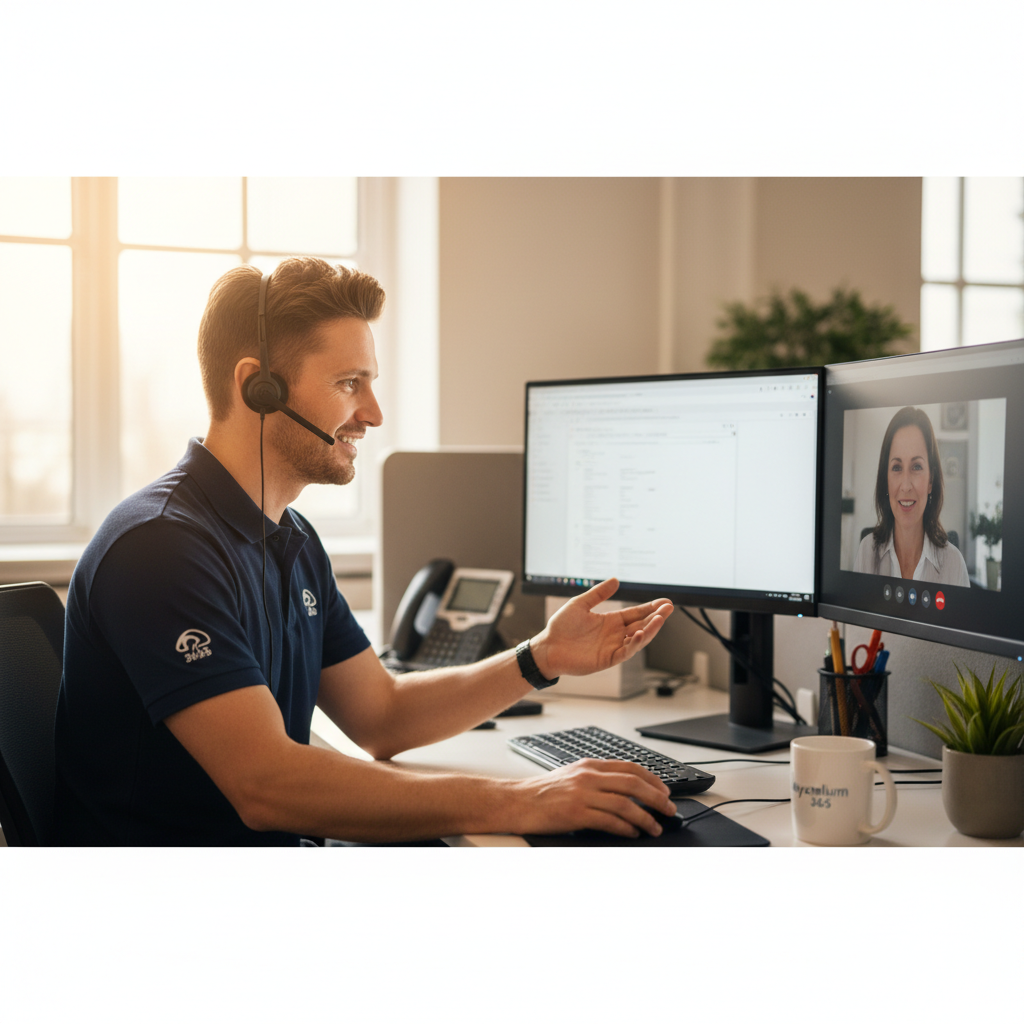 A Mycelium 365 support engineer assisting a client remotely, showcasing IT support services