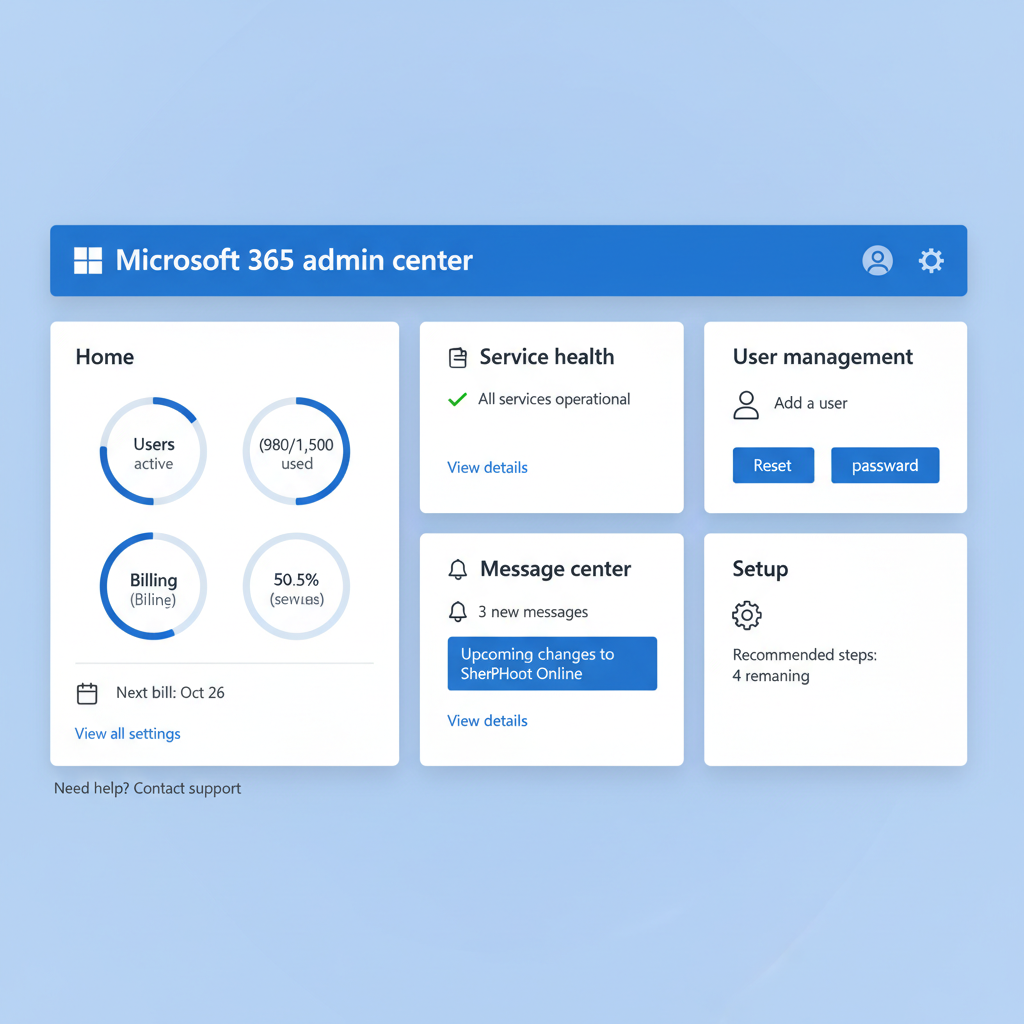 A screenshot of the Microsoft 365 admin center dashboard, showing various settings and configurations.