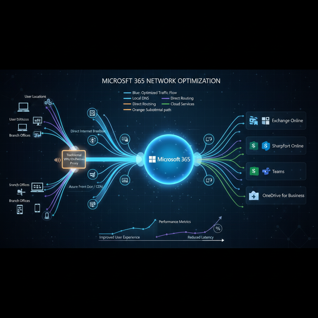 A diagram illustrating network traffic flow and optimization for Microsoft 365 services.