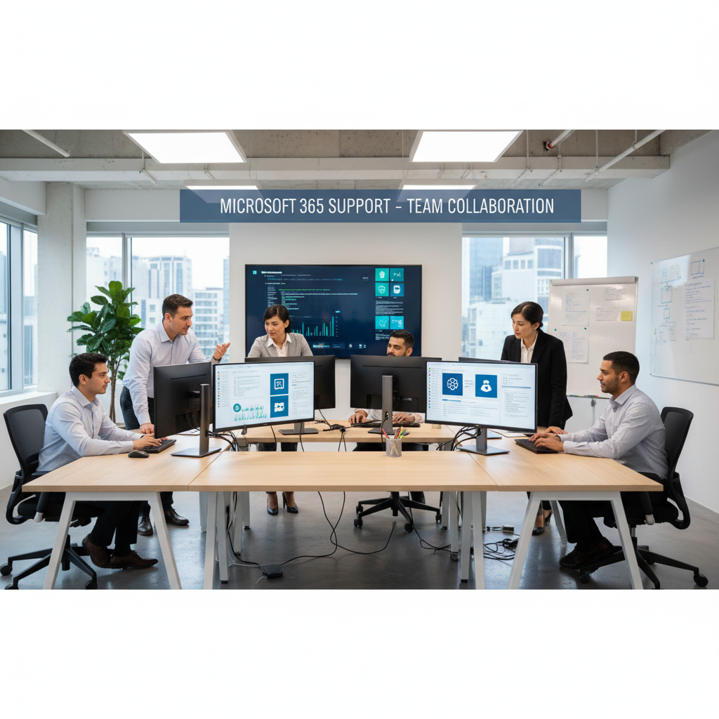 A team of IT professionals collaborating in a modern office environment, reviewing data on multiple screens. The atmosphere is focused and collaborative, emphasizing the expertise and teamwork involved in providing Microsoft 365 support.