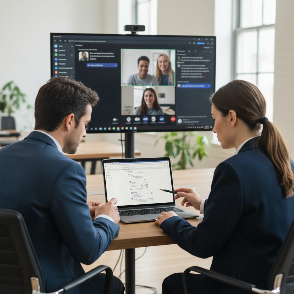 Two business professionals collaborating on a document on a laptop, with Microsoft Teams open in the background, showcasing the collaborative features of Microsoft 365.