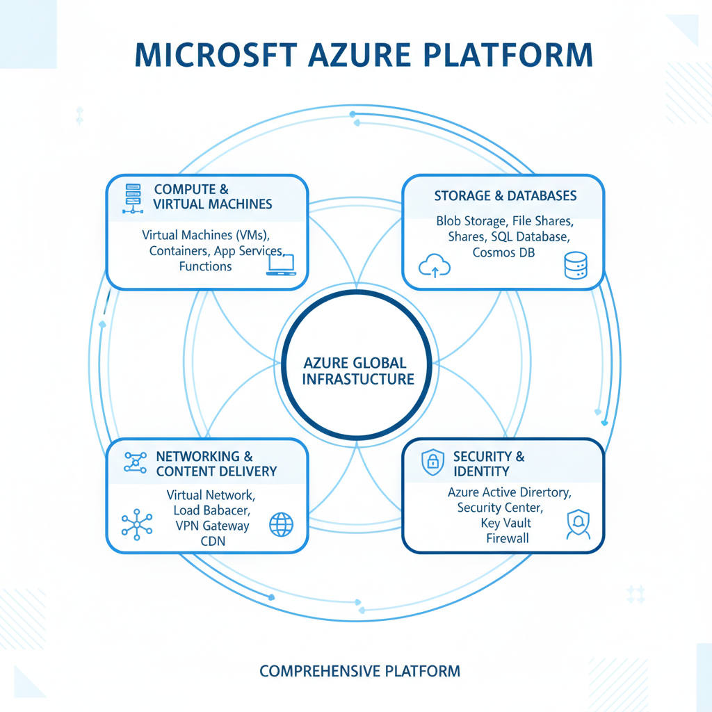 Diagram illustrating the various components of Microsoft Azure, including virtual machines, storage, networking, and security services. The diagram emphasizes the interconnectedness of these components and the comprehensive nature of the Azure platform.