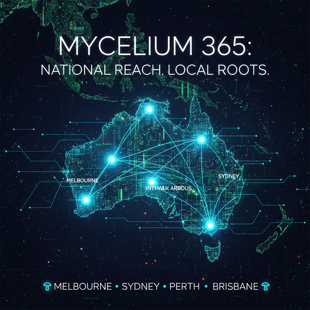 A map of Australia highlighting the locations of Mycelium 365's offices in Melbourne, Sydney, Perth, and Brisbane. The map emphasizes the company's national presence and commitment to providing local support to businesses across the country.