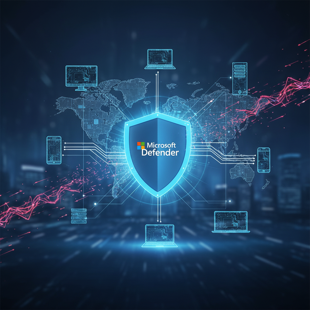 A visual representation of Microsoft Defender protecting a network of devices, showcasing its role in cybersecurity.