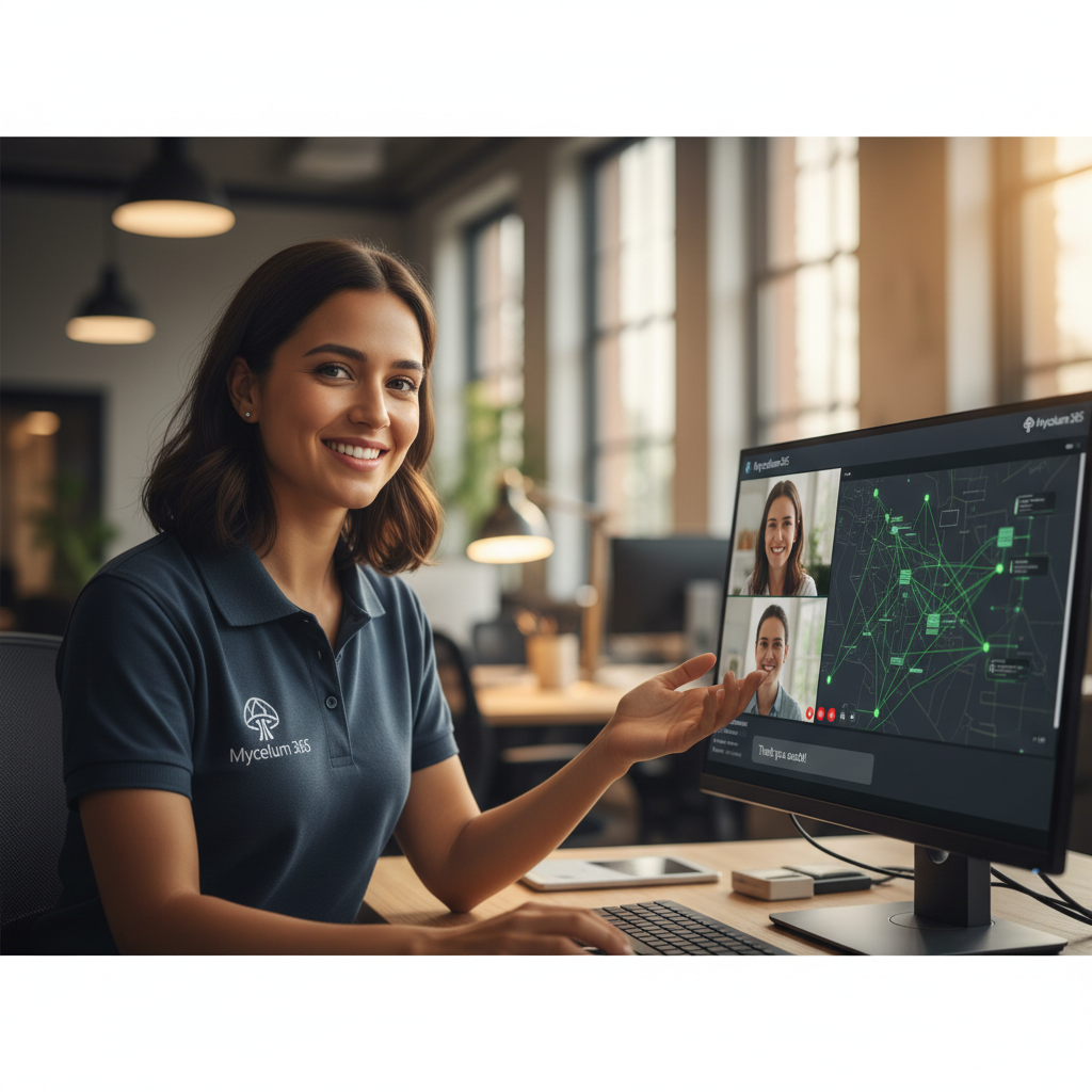 A close-up shot of a Mycelium 365 IT specialist providing remote assistance to a client via a video call. The specialist is smiling and engaged, demonstrating the company's commitment to providing friendly and helpful support.